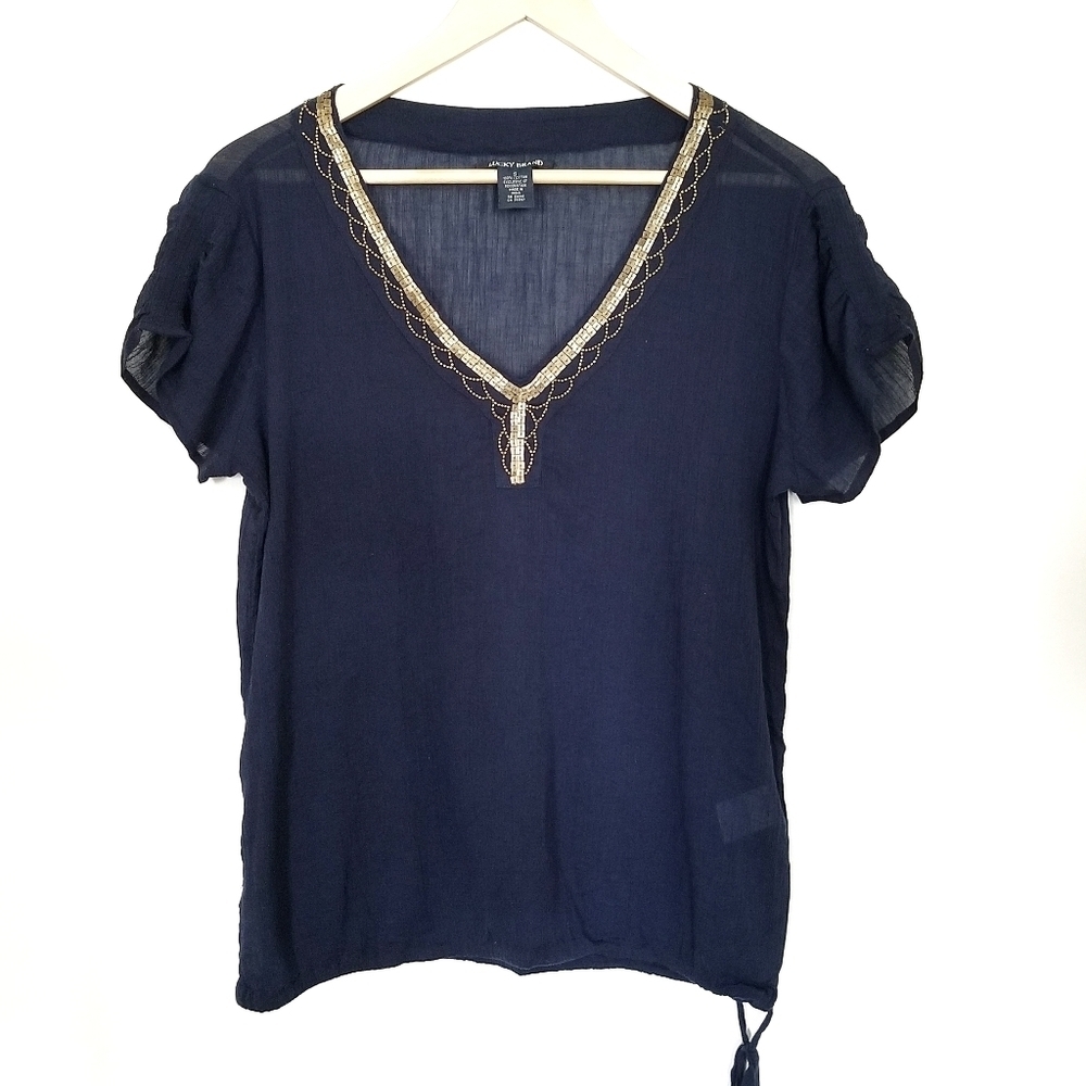 Lucky Brand Navy Beaded Cotton Top Small